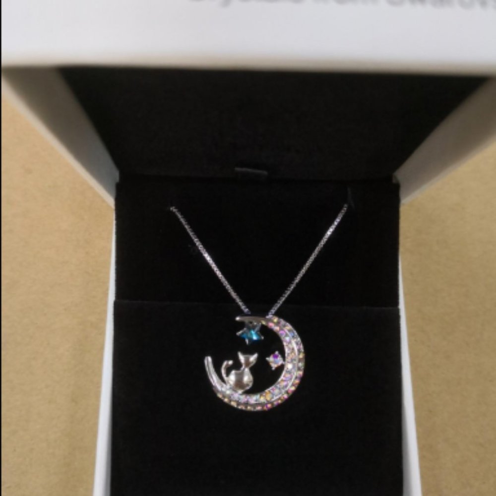 Cat on Moon Necklace Pendant with Swarovski - Picture 2 of 5